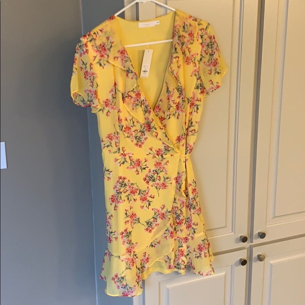 Yellow floral mini wrap dress